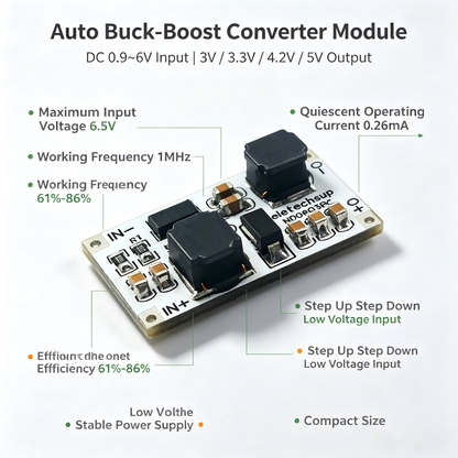 DC-DC Auto Boost Buck Converter Module 1-6V to 3V 3.3V 4.2V 5V – Stabilized Power Supply for Arduino ESP32 ESP8266 DIY Projects