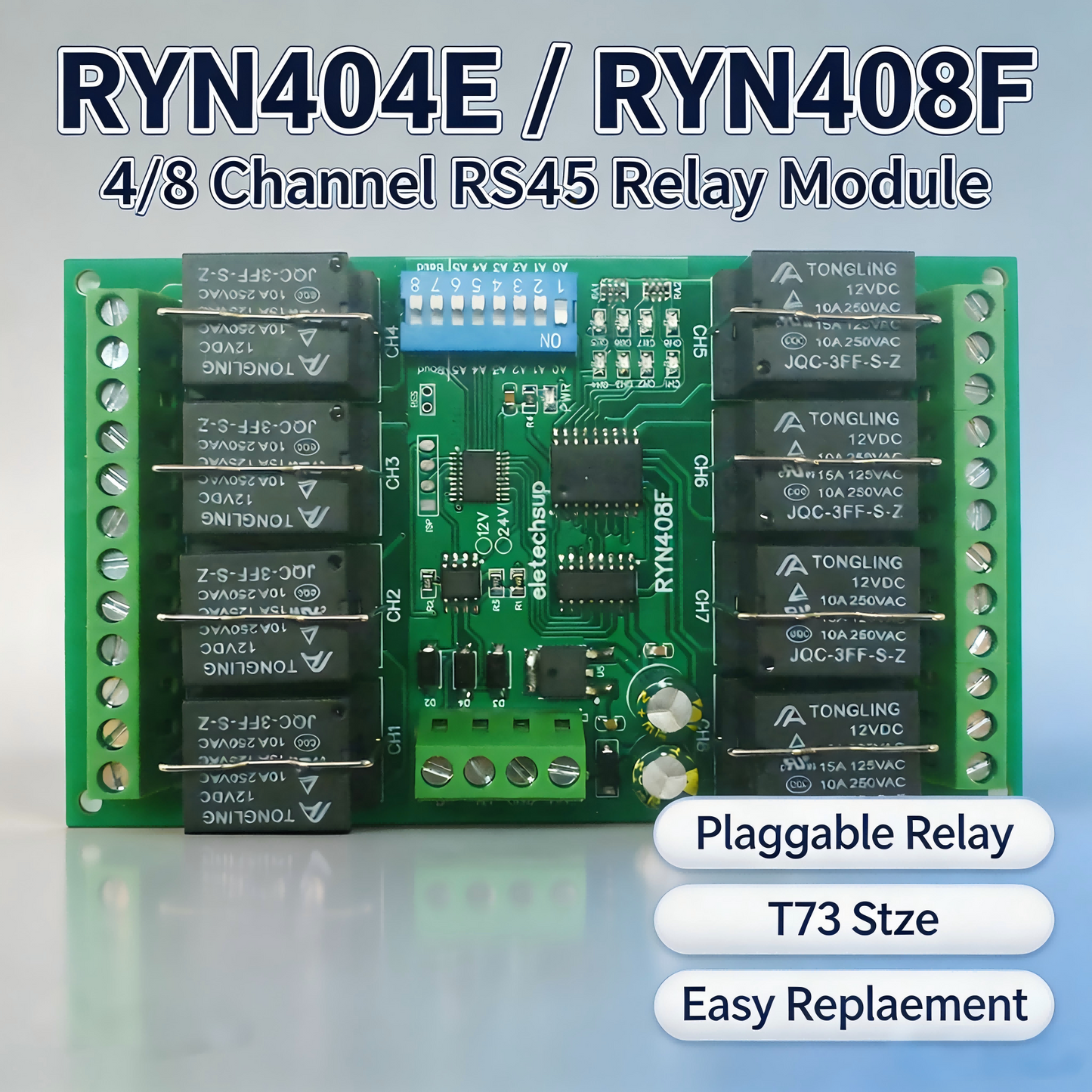 T73 Plug-in Relay Module – RS485 Modbus RTU Remote IO Controller with Momentary Latching Interlock Delay Switch for DIY Smart Home RYN404E/RYN408F