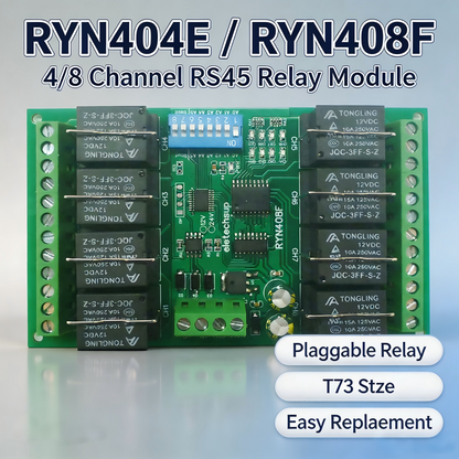 T73 Plug-in Relay Module – RS485 Modbus RTU Remote IO Controller with Momentary Latching Interlock Delay Switch for DIY Smart Home RYN404E/RYN408F