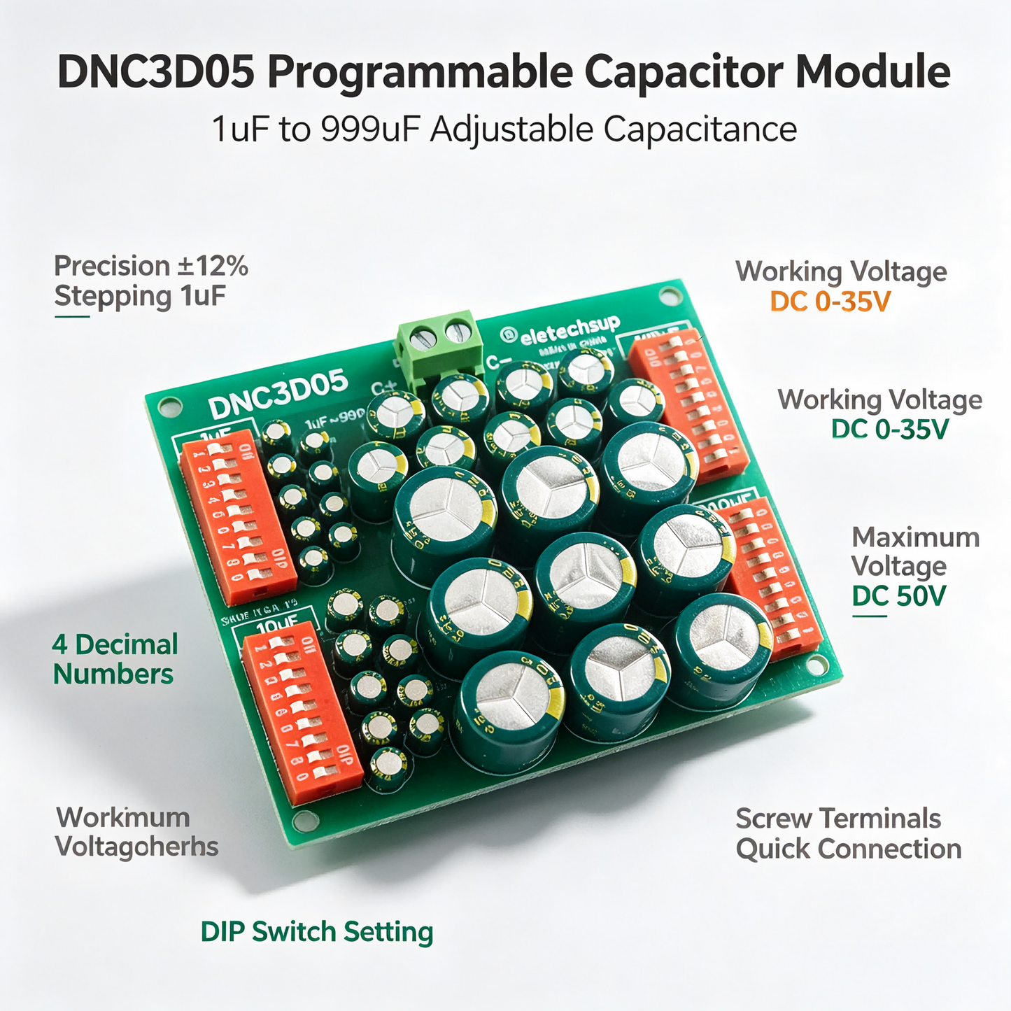 DNC3D05 10mF Large-Capacity Programmable Capacitor Module – 1μF to 9999μF Adjustable Electrolytic Capacitor Bank for Circuit Development & Testing