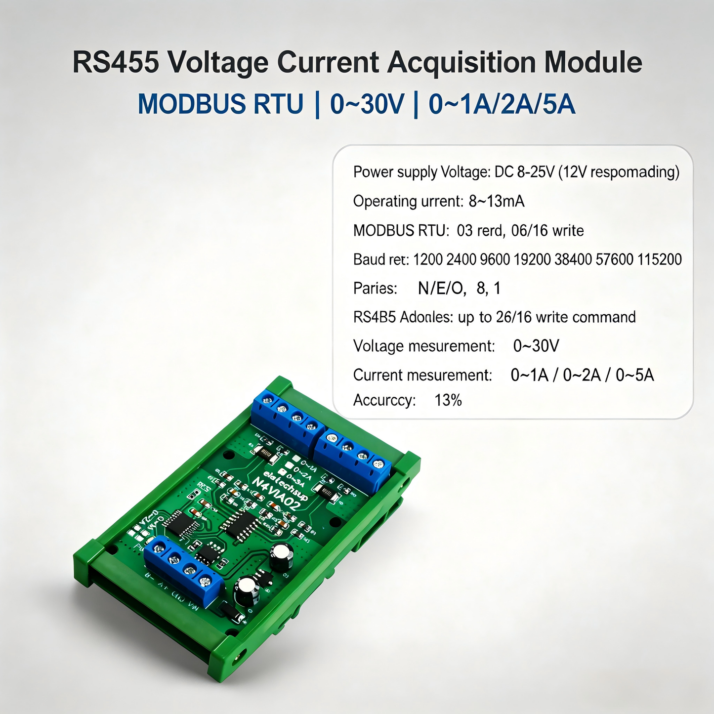 N4VIA02 Multifunctional RS485 Ammeter Voltmeter – 0-30V / 0-5A Modbus RTU DC Power Measurement Module for PLC SCADA Industrial Automation