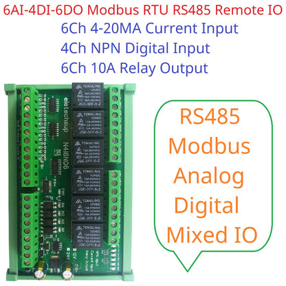 N4I6N06 6-Channel 4-20mA/0-20mA Analog Input Module 4CH NPN Isolated Switch Input 6CH 10A Relay Output DIN Rail PLC Expansion Bo
