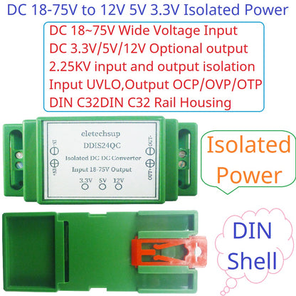 DDIS24QC 18-75V to 12V/5V/3.3V 3A Isolated DC-DC Converter – Industrial DIN Rail Power Supply with UVLO OCP OVP OTP Protection
