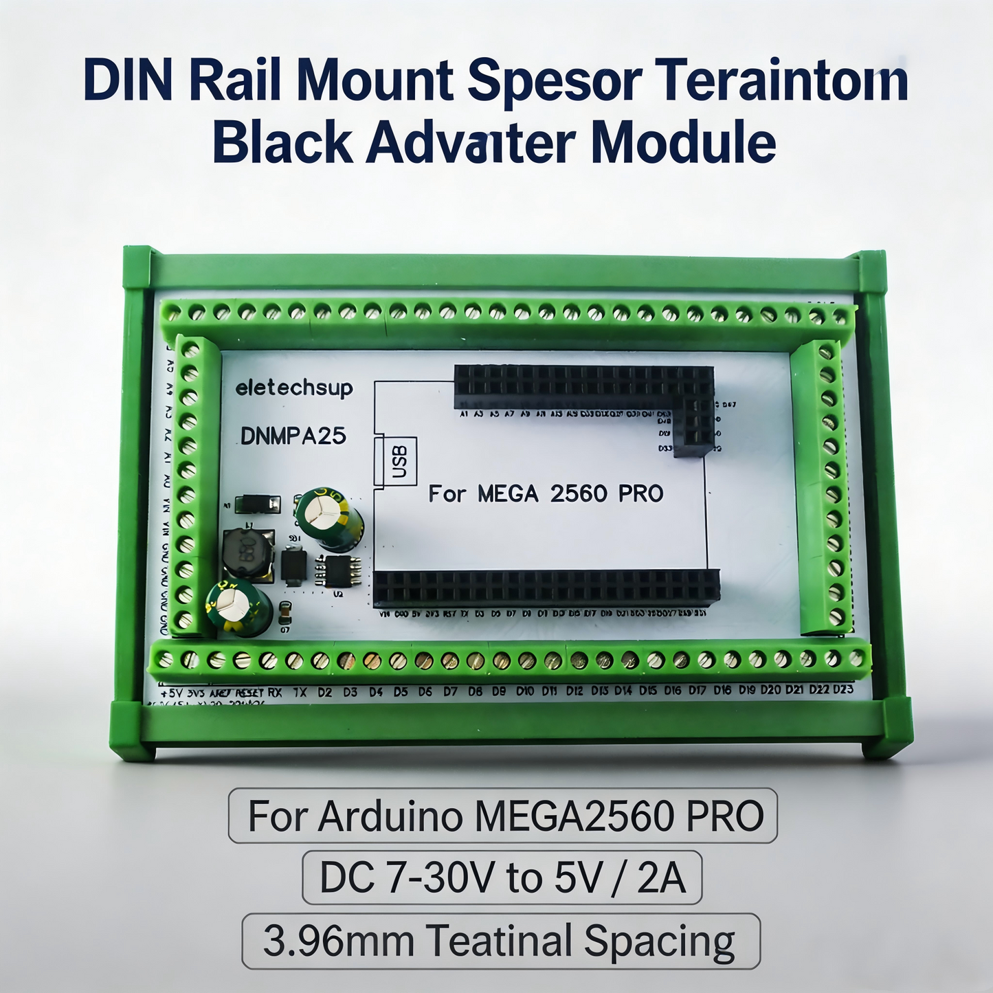DNMPA25 DIN Rail Mount Screw Terminal Adapter – 12V/24V Expansion Board with 5V/2A DC-DC Converter for Arduino MEGA2560 Pro