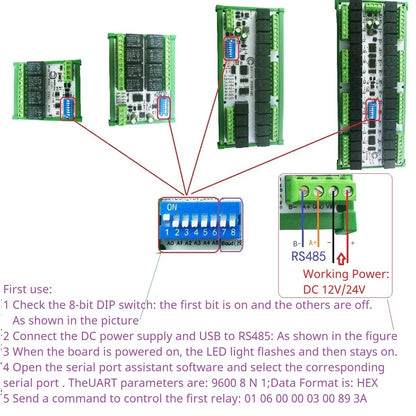 RYR432D 32CH 20A DIN Rail Relay Module – RS485 Modbus RTU with DIP Switch Setup for PLC Industrial Automation Smart Home