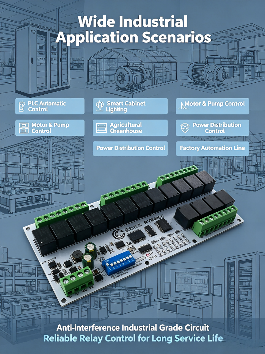 R4D3B16 16CH RS485 Modbus RTU Relay Module – DC 12V/24V Multifunction IO Expansion Board with 10A Output for PLC HMI Smart Home