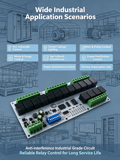 R4D3B16 16CH RS485 Modbus RTU Relay Module – DC 12V/24V Multifunction IO Expansion Board with 10A Output for PLC HMI Smart Home