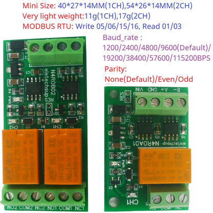 N4ROA01 1CH 3A RS485 Relay Module – DC 12V/24V Micro Modbus RTU Board with 6 Commands for PLC PTZ Smart Home