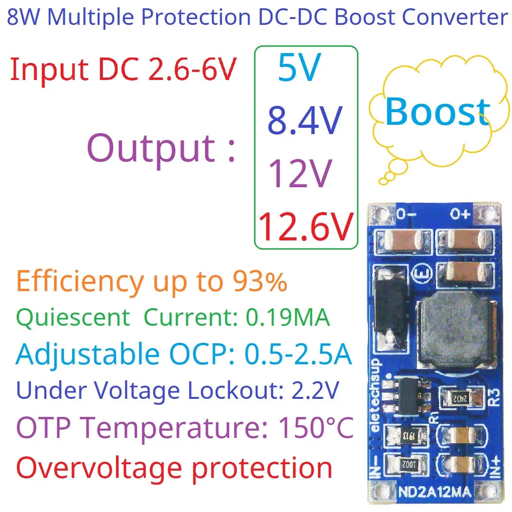ND2A12MA 8W DC-DC Boost Converter – 2.6-6V to 5V/8.4V/12V Step-Up Module with UVL OTP OVP SCP for LED Li-ion Lipo