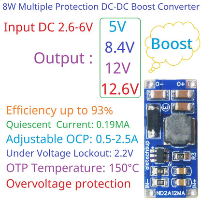 ND2A12MA 8W DC-DC Boost Converter – 2.6-6V to 5V/8.4V/12V Step-Up Module with UVL OTP OVP SCP for LED Li-ion Lipo