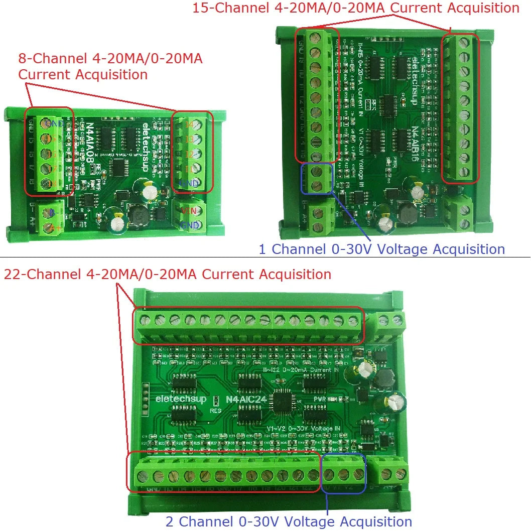 N4AIA08/N4AIB16/N4AIC24 8-24CH 4-20mA Current Transducer – RS485 Modbus RTU Analog Input Module with 12-bit ADC for PLC SCADA