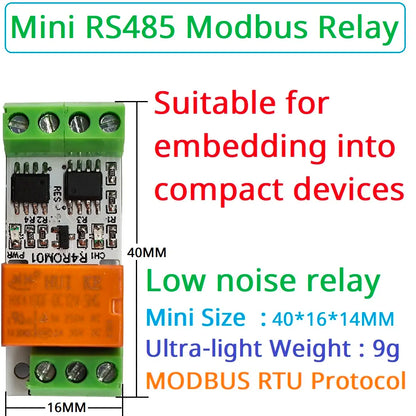 R4ROM01 3A Mini RS485 Relay Module – Low Noise 5V/12V/24V Modbus RTU Remote IO Board with 6 Control Commands for PLC Smart Home