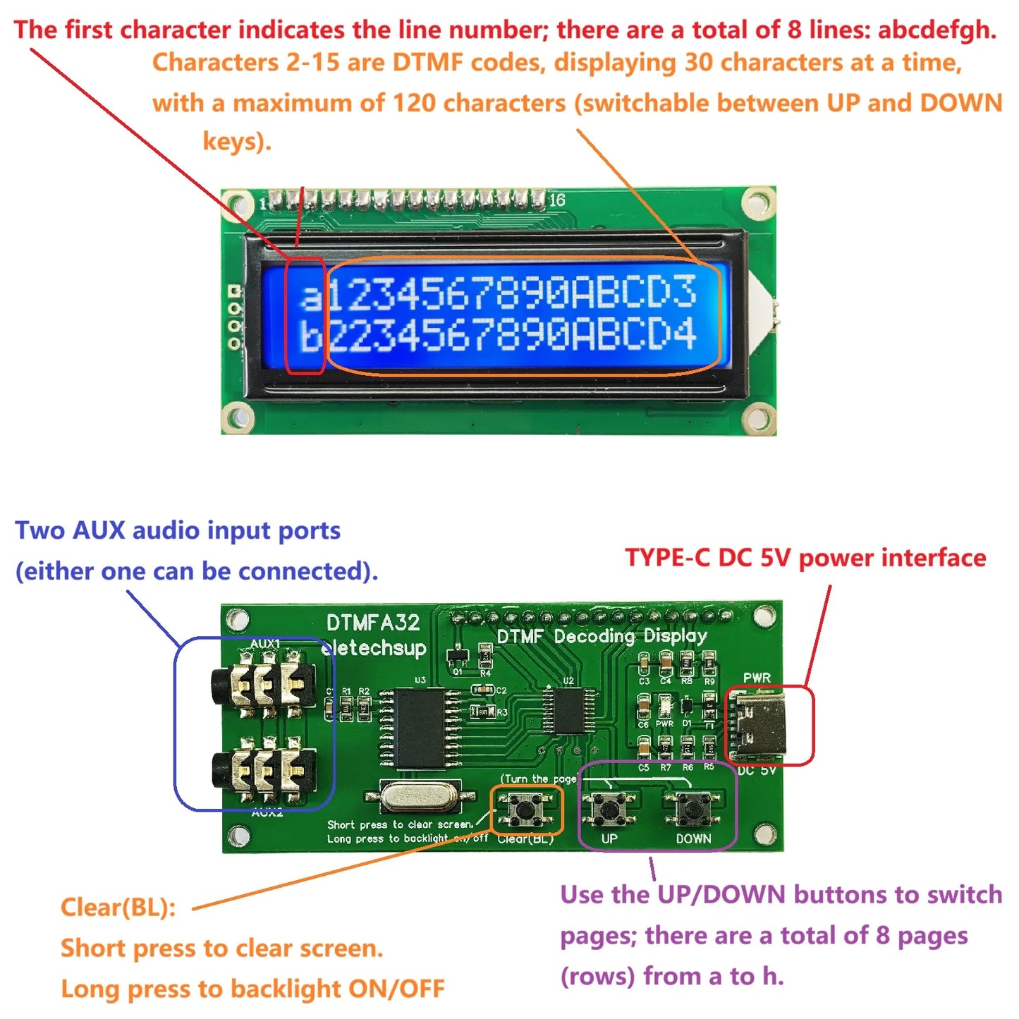 120Bit Dual-Tone Multi-Frequency Decoder DTMF Decoding LCD Display Phone Speech Decoding Voice Board Home Automation IOT Module DTMFA32