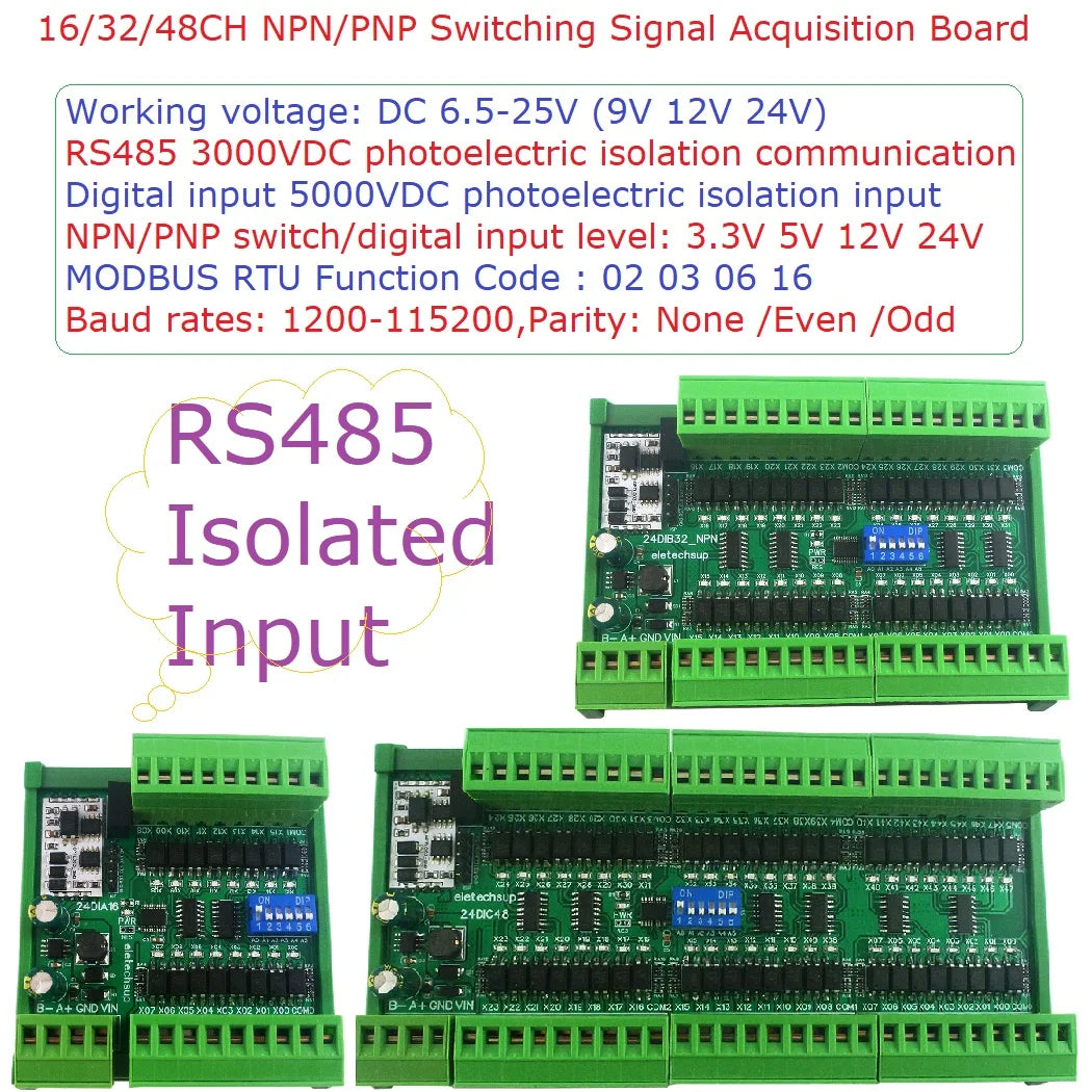 24DIA16/24DIB32/24DIC48 16-48CH Digital Input Module – NPN/PNP Switch PLC IO Expansion Board with 3000VDC Isolation RS485 Modbus RTU