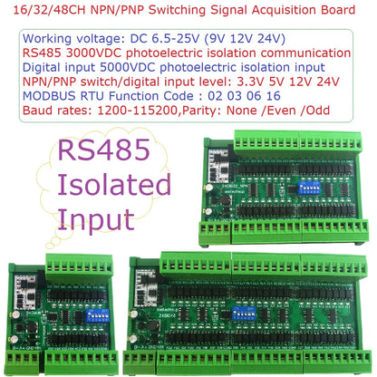24DIA16/24DIB32/24DIC48 16-48CH Digital Input Module – NPN/PNP Switch PLC IO Expansion Board with 3000VDC Isolation RS485 Modbus RTU
