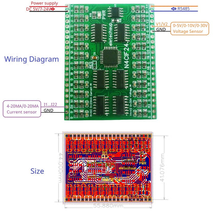 N4CID08/N4CIE16/N4CIF24 8-24CH 4-20mA/0-30V to RS485 Converter – 2.54mm Pin Modbus RTU Analog Input ADC Collector Board for PLC SCADA DCS
