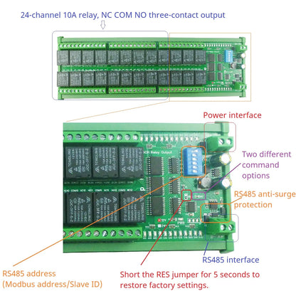 N4DOJ24 24CH RS485 Relay Module – 10A Modbus RTU with ON/OFF Momentary Delay Latch for PLC IO Expansion Smart Home DIY