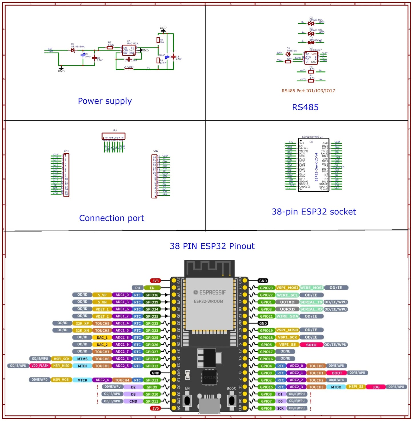 ES38485 ESP32 DevKitC V4 RS485 DIN Rail Expansion Board – 38PIN 2.4G WiFi BLE IoT Remote IO with 7-30V Power Input & 5V 3.3V Output