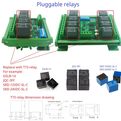 T73 Plug-in Relay Module – RS485 Modbus RTU Remote IO Controller with Momentary Latching Interlock Delay Switch for DIY Smart Home RYN404E/RYN408F