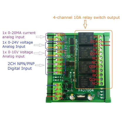 R4D7G04 2AI-2DI-20DO Multifunction Relay Module – RS485 Modbus RTU 4-20mA/0-10V Analog Input PLC IO Expansion Board 10A Output