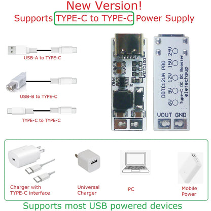 Full Function Type-C PD/QC Boost Converter – USB 5V to 6V/9V/12V/15V/24V 9W DC-DC Step-Up Module for Arduino Smart Home Speaker