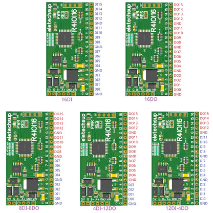 Modbus RTU Digital I/O RS485 Board – 16DI/16DO/8DI-8DO/4DI-12DO/12DI-4DO Selectable for Arduino ESP32 ESP8266 PLC Smart Home