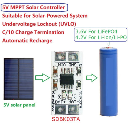 Mini MPPT Solar Charge Controller – 4.2V/3.7V/3.6V/3.2V Selectable Charger Module with 5V 1A Output for Li-Ion / Li-PO / LiFePO4 Battery