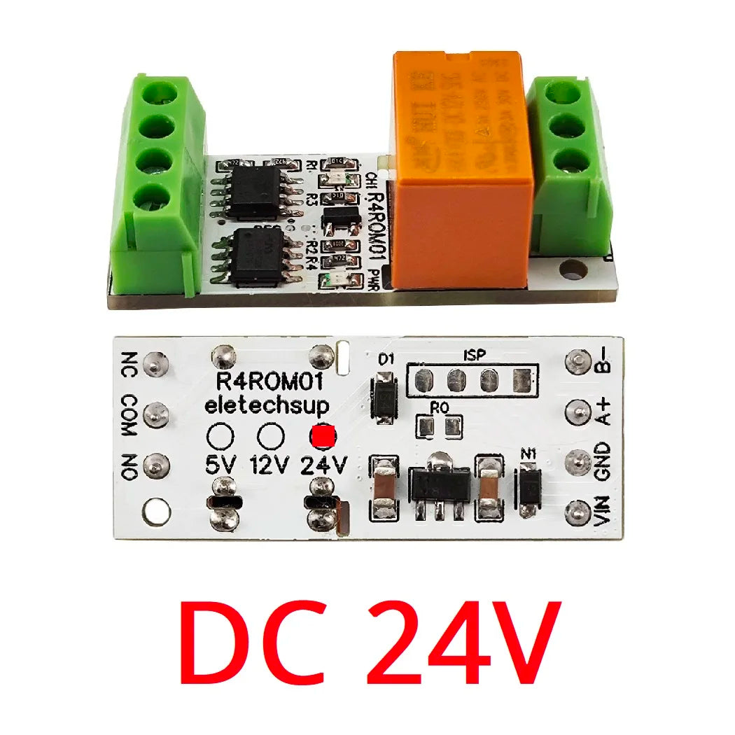 R4ROM01 3A Mini RS485 Relay Module – Low Noise 5V/12V/24V Modbus RTU Remote IO Board with 6 Control Commands for PLC Smart Home
