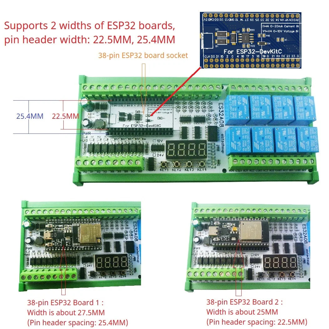 ES32A08 ESP32 Industrial IO Expansion Board – 8AI-8DI-8DO Relay Module with RS485 Modbus & WiFi for PLC Automation IoT DIY