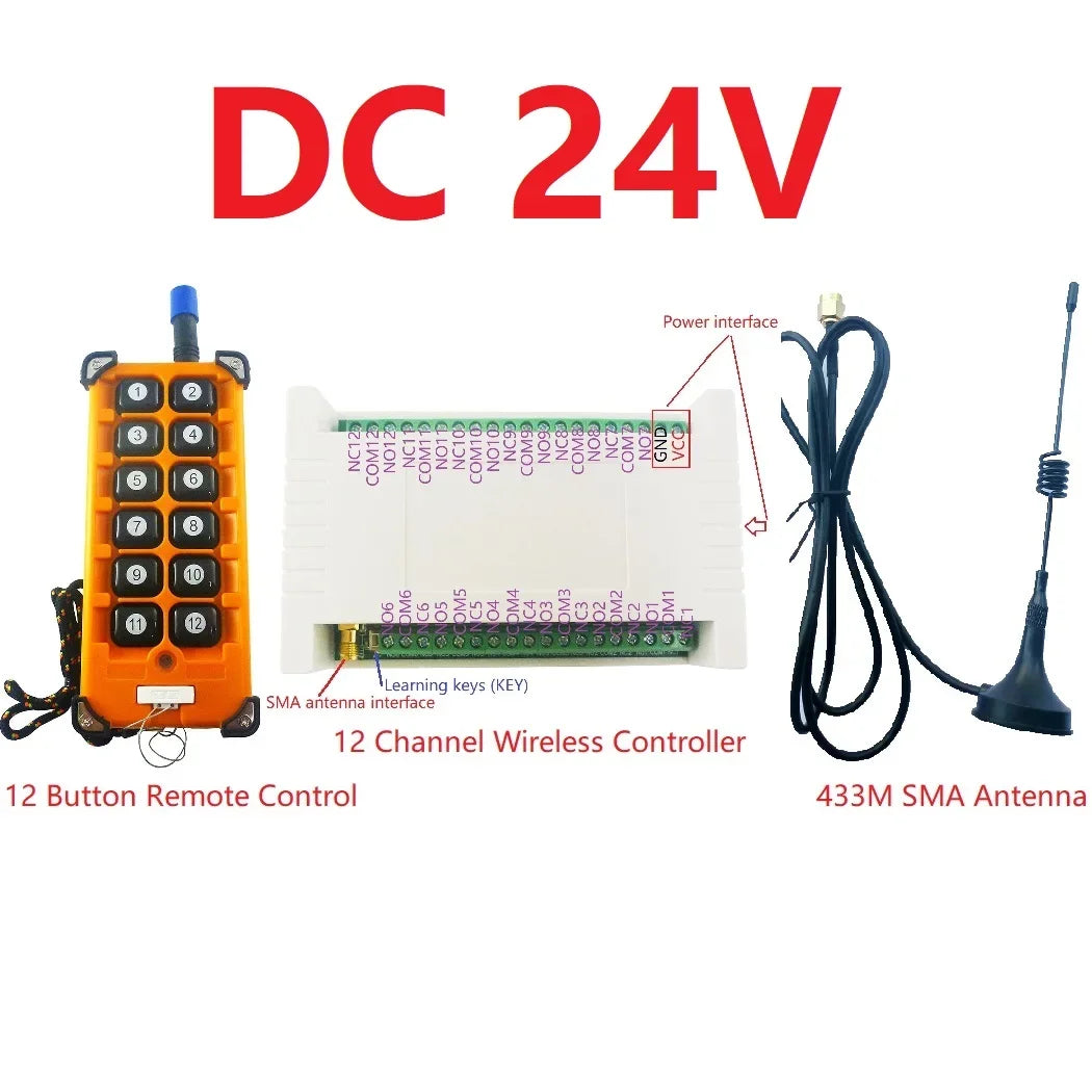 RC44B12+RF34C12 12CH 433MHz 20dBm FSK Rolling Code Wireless Relay Kit – Moisture Proof Garage Door & Smart Home Controller