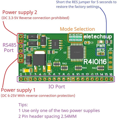 R4IOI16 16CH 5-in-1 Configurable Modbus RTU Digital IO Module – 16DI/16DO/8DI-8DO/4DI-12DO/12DI-4DO RS485 NPN/PNP Pin Core Board for PLC Expansion