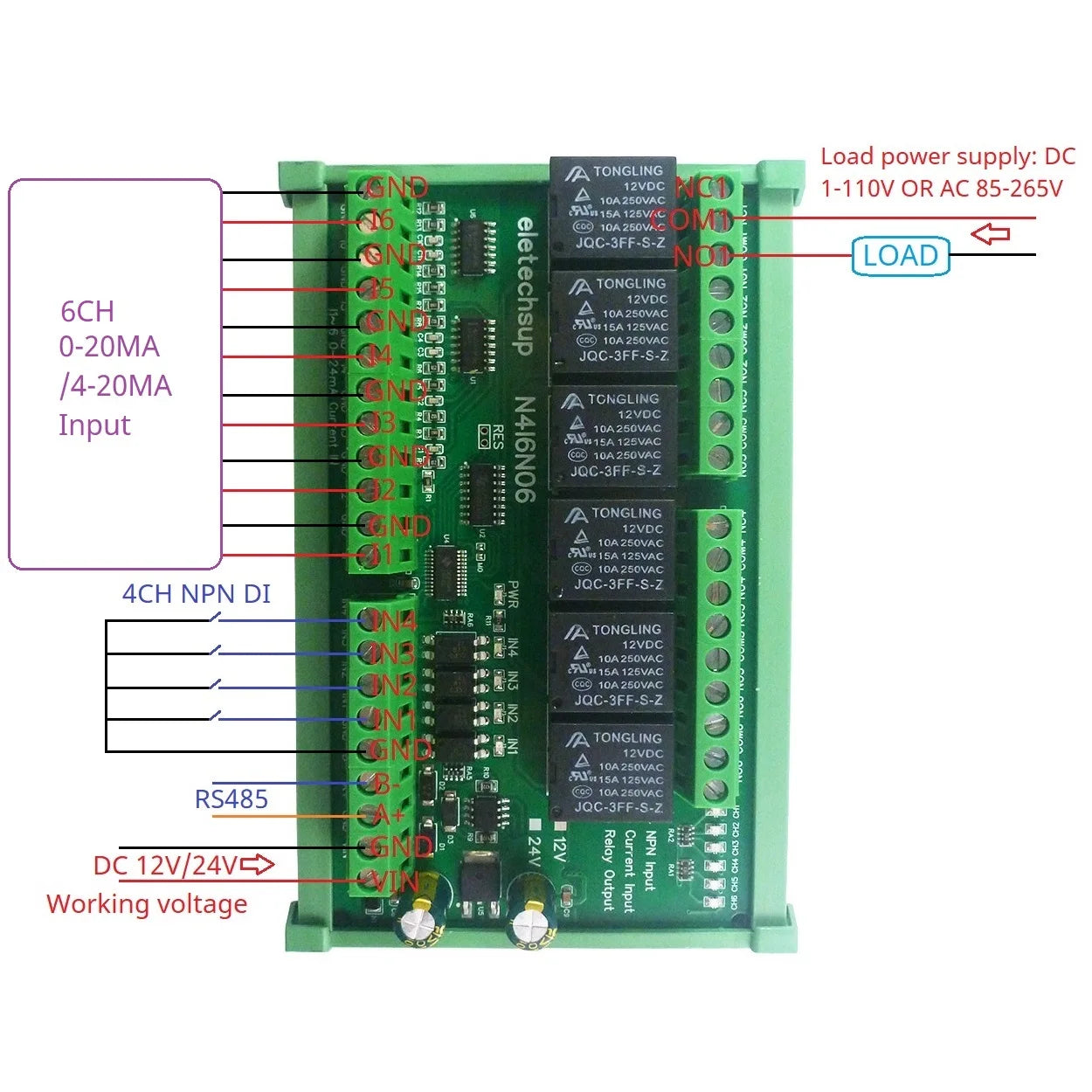 N4I6N06 6-Channel 4-20mA/0-20mA Analog Input Module 4CH NPN Isolated Switch Input 6CH 10A Relay Output DIN Rail PLC Expansion Bo