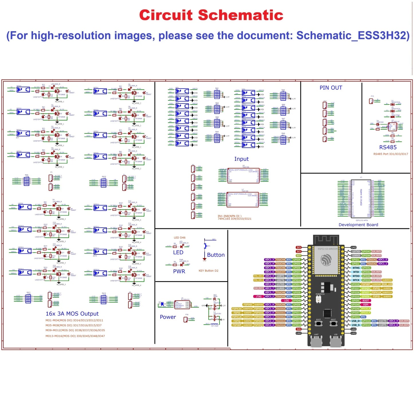 ESS3H32 ESP32-S3 Industrial IO Controller – 16DI/16DO Solid-State Relay Board with WiFi Bluetooth Ethernet RS485 Modbus for MQTT IoT LED Automation