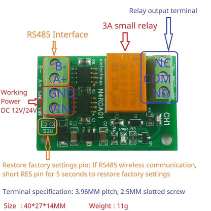 N4ROA01 1CH 3A RS485 Relay Module – DC 12V/24V Micro Modbus RTU Board with 6 Commands for PLC PTZ Smart Home