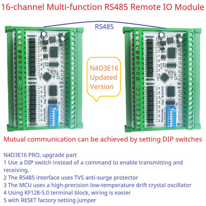 N4D3E16_PRO 16CH Bidirectional Digital IO Module – RS485 Modbus RTU Full-Duplex Transparent Transmission DIP Switch Board for PLC Expansion