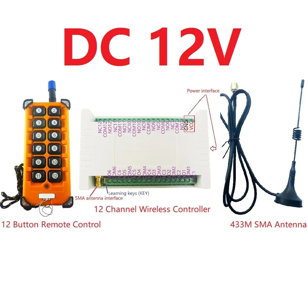 RC44B12+RF34C12 12CH 433MHz 20dBm FSK Rolling Code Wireless Relay Kit – Moisture Proof Garage Door & Smart Home Controller