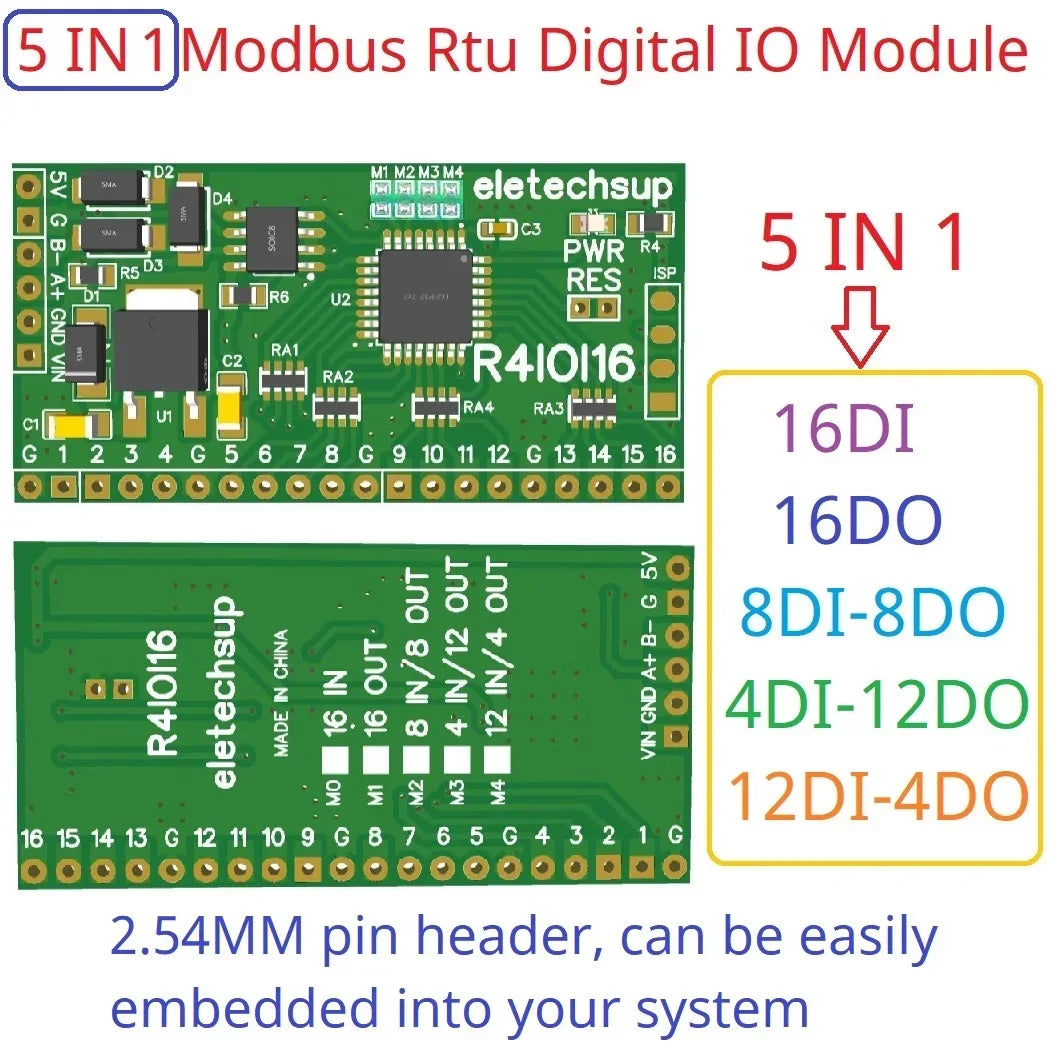 R4IOI16 16CH 5-in-1 Configurable Modbus RTU Digital IO Module – 16DI/16DO/8DI-8DO/4DI-12DO/12DI-4DO RS485 NPN/PNP Pin Core Board for PLC Expansion