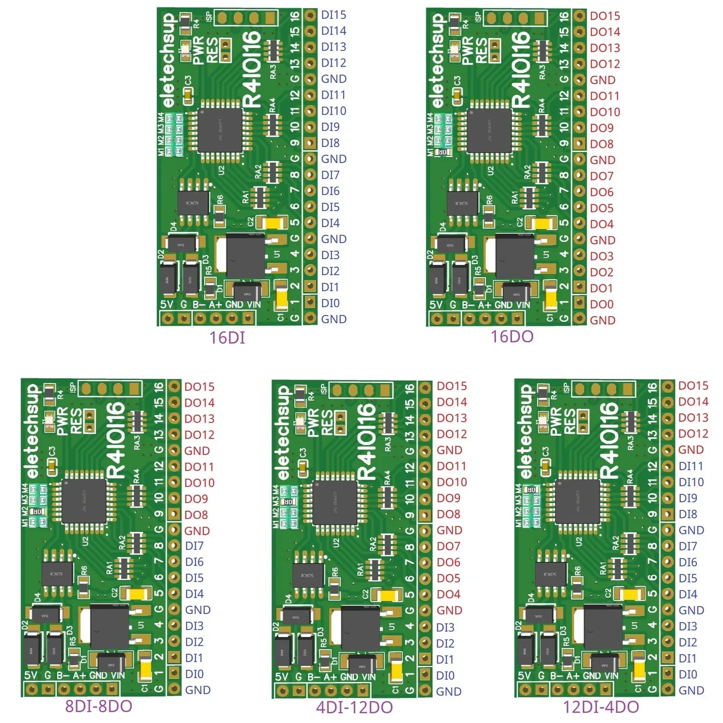 R4IOI16 16CH 5-in-1 Configurable Modbus RTU Digital IO Module – 16DI/16DO/8DI-8DO/4DI-12DO/12DI-4DO RS485 NPN/PNP Pin Core Board for PLC Expansion