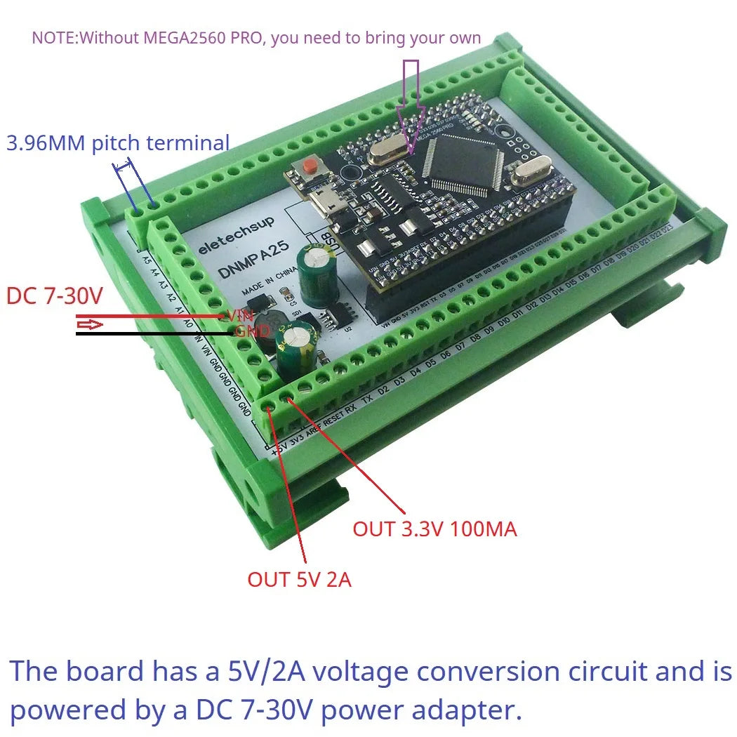 DNMPA25 DIN Rail Mount Terminal Block Adapter – DC 12V/24V Expansion Board for Arduino MEGA2560 Pro Smart Home DIY