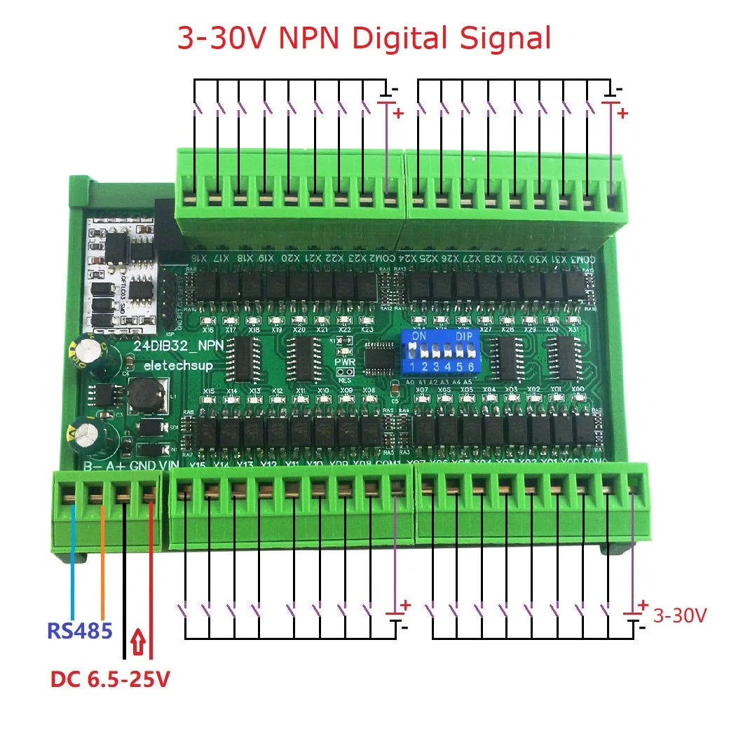 24DIA16/24DIB32/24DIC48 16-48CH Digital Input Module – NPN/PNP Switch PLC IO Expansion Board with 3000VDC Isolation RS485 Modbus RTU