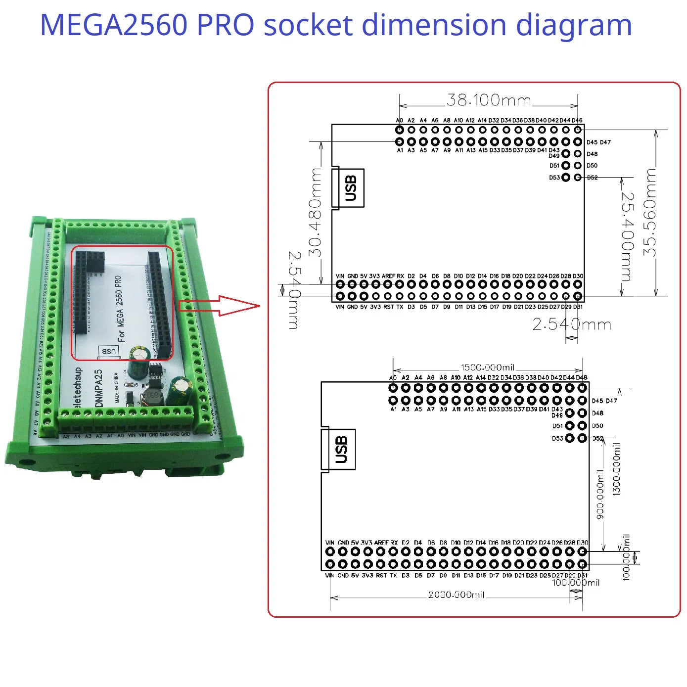 DNMPA25 DIN Rail Mount Terminal Block Adapter – DC 12V/24V Expansion Board for Arduino MEGA2560 Pro Smart Home DIY