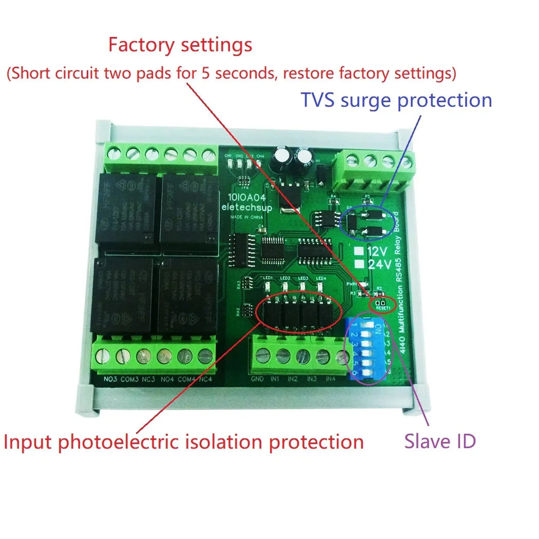 12CH Modbus RTU Relay Module – RS485 10A Digital Output Board with Opto-Isolated Inputs DIN Rail for PLC Industrial Automation