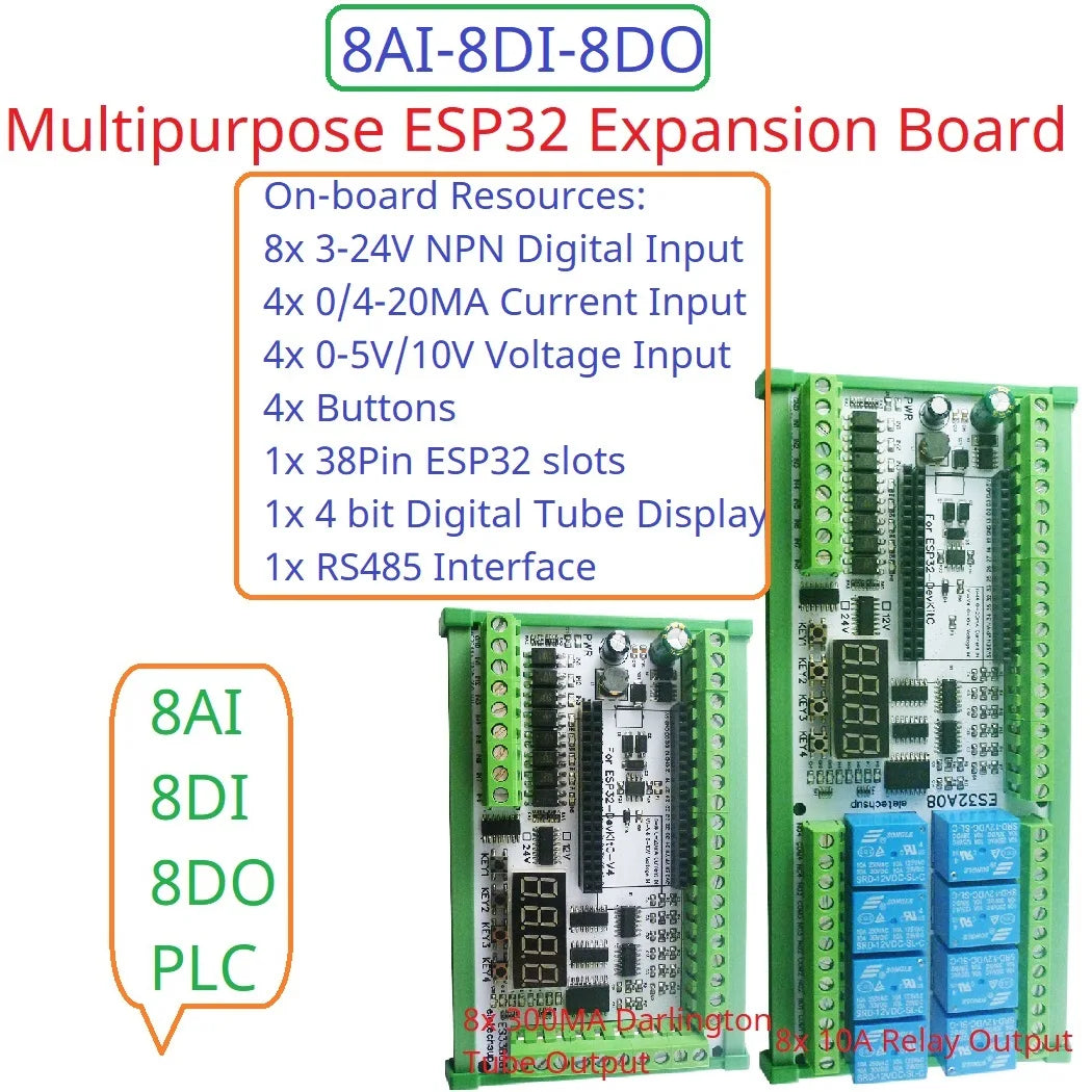 ES32A08 ESP32 Industrial IO Expansion Board – 8AI-8DI-8DO Relay Module with RS485 Modbus & WiFi for PLC Automation IoT DIY
