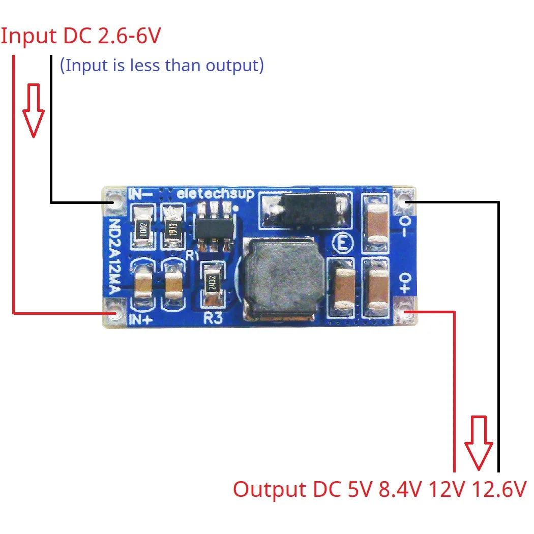 ND2A12MA 8W DC-DC Boost Converter – 2.6-6V to 5V/8.4V/12V Step-Up Module with UVL OTP OVP SCP for LED Li-ion Lipo