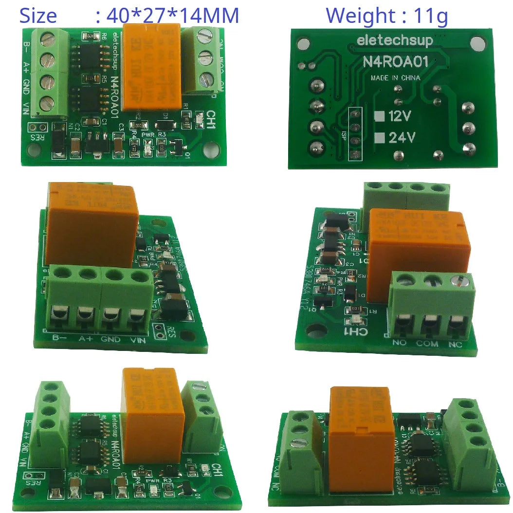 N4ROA01 1CH 3A RS485 Relay Module – DC 12V/24V Micro Modbus RTU Board with 6 Commands for PLC PTZ Smart Home