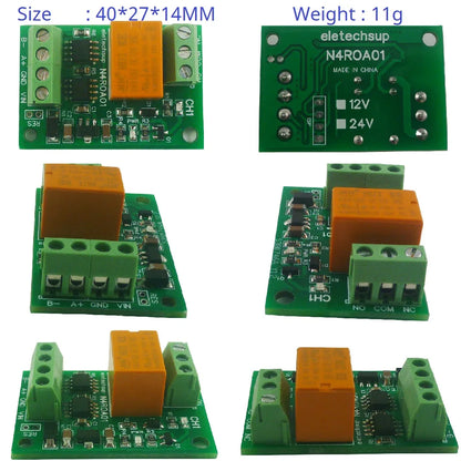 N4ROA01 1CH 3A RS485 Relay Module – DC 12V/24V Micro Modbus RTU Board with 6 Commands for PLC PTZ Smart Home
