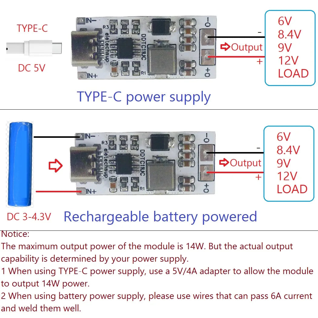 14W Type-C Step-Up Converter – DC 5V to 6V/8.4V/9V/12V Adjustable Voltage Regulator Boost Module with USB-C Input/Output DDTC11UC
