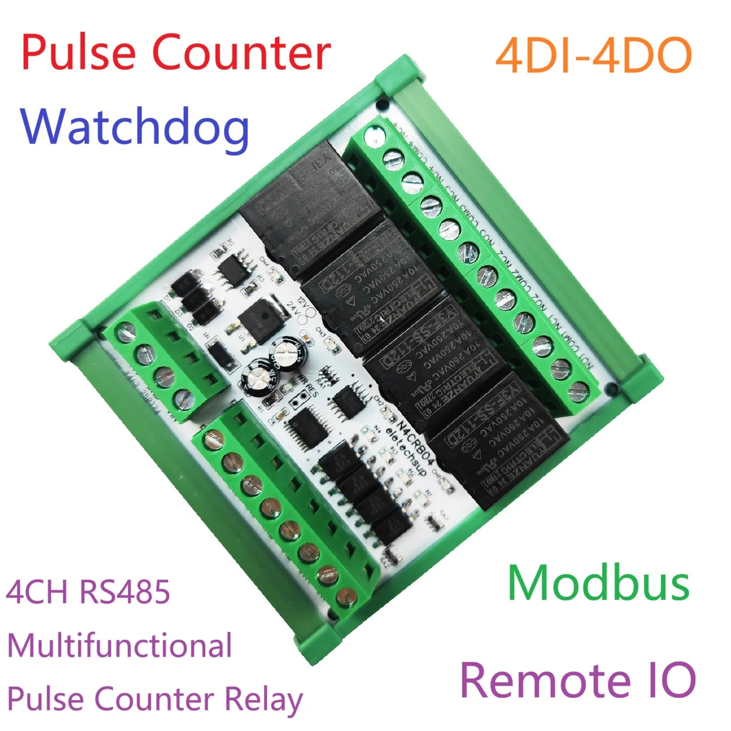 4CH Pulse Counter RS485 Relay Module – Modbus RTU Remote IO Controller with Multifunctional Wired Control for Simple PLC Replacement N4CRB04