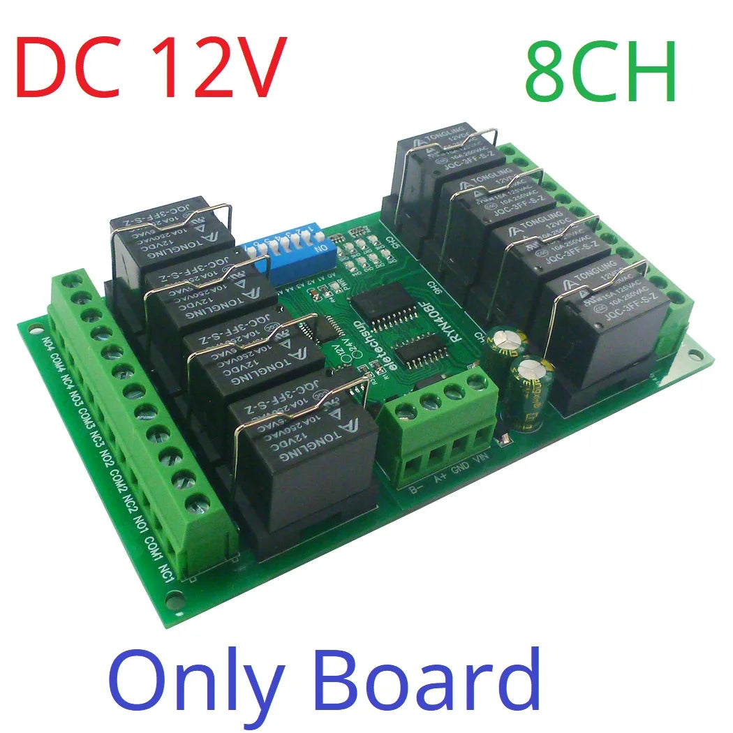 RYN404E/RYN408F 4/8CH Pluggable Relay Module – RS485 Modbus RTU with DIP Switch Slave ID & Baud Rate for PLC Automation