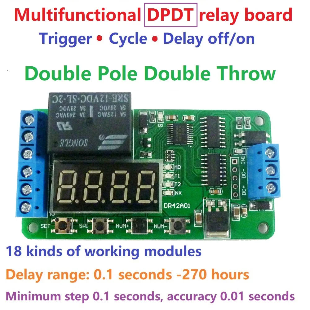 DR42A01 Dual CH 12V DPDT Delay Relay Module – 18-Mode 0.01s Timer for Stereo Audio Polarity Reversal PLC Control